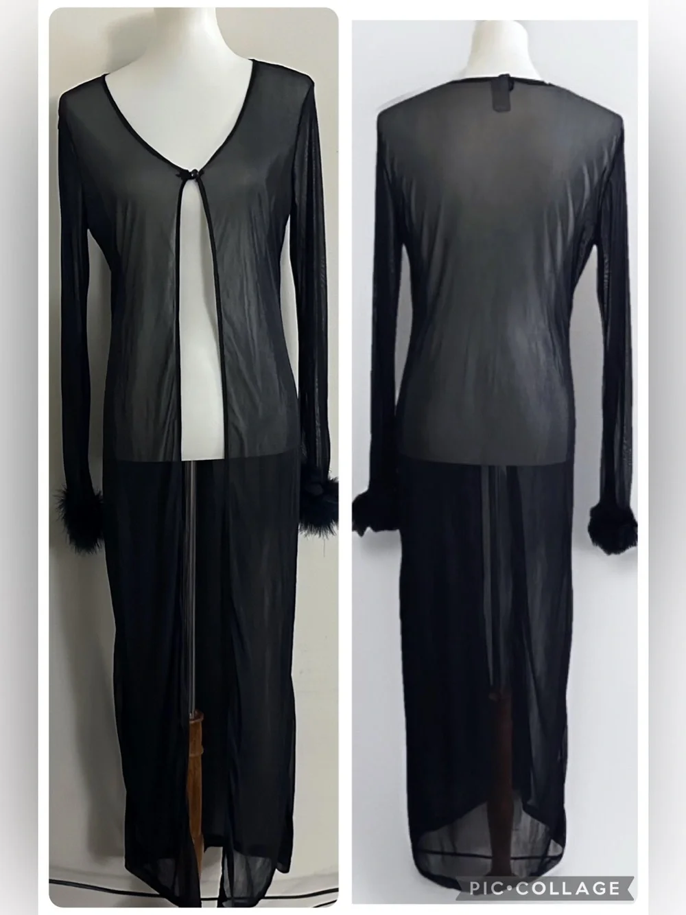 Vintage Whimsigoth Whimsical Fairy Sheer Black Long Duster with Faux Fur Cuffs